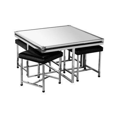 Silver 5 Piece Square Coffee Table and Stool Set with Crocodile Leather Effect, Carla