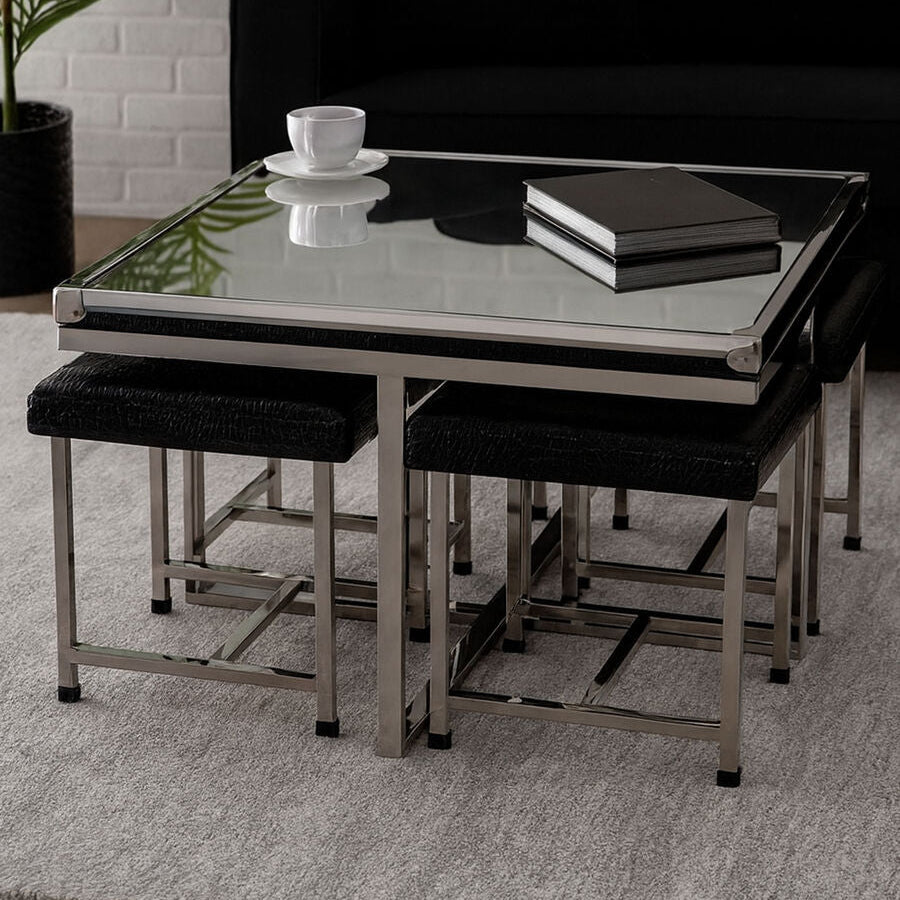 Silver 5 Piece Square Coffee Table and Stool Set with Crocodile Leather Effect, Carla