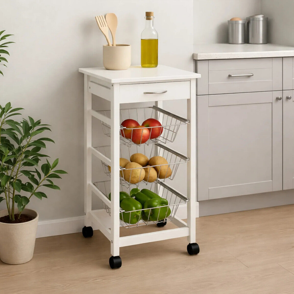White Kitchen Trolley with Drawer and Basket, Harlow Glenn