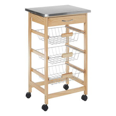 Silver Pinewood Kitchen Trolley with Drawer and Baskets, Harlow Glenn