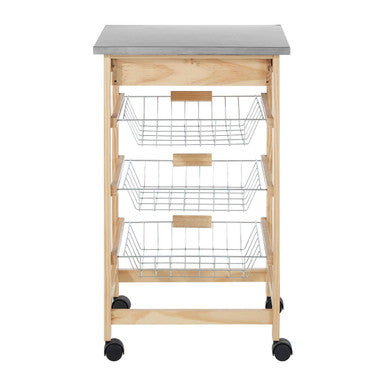Silver Pinewood Kitchen Trolley with Drawer and Baskets, Harlow Glenn