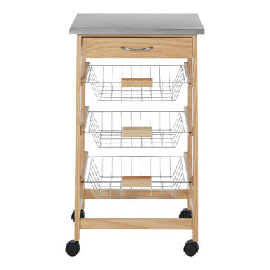 Silver Pinewood Kitchen Trolley with Drawer and Baskets, Harlow Glenn