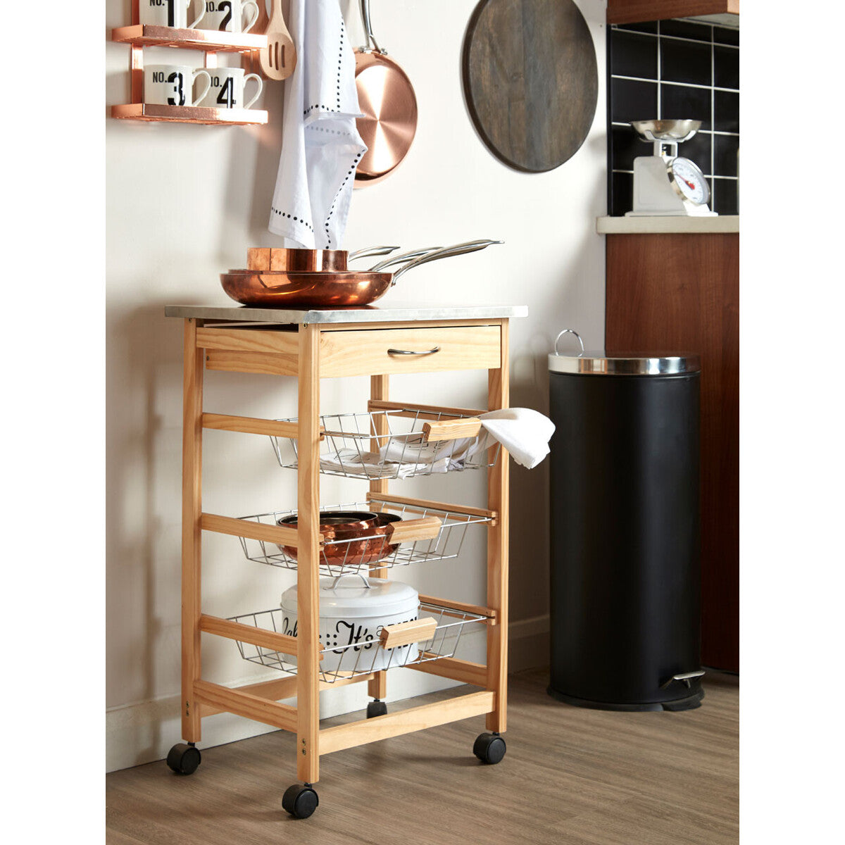 Silver Pinewood Kitchen Trolley with Drawer and Baskets, Harlow Glenn