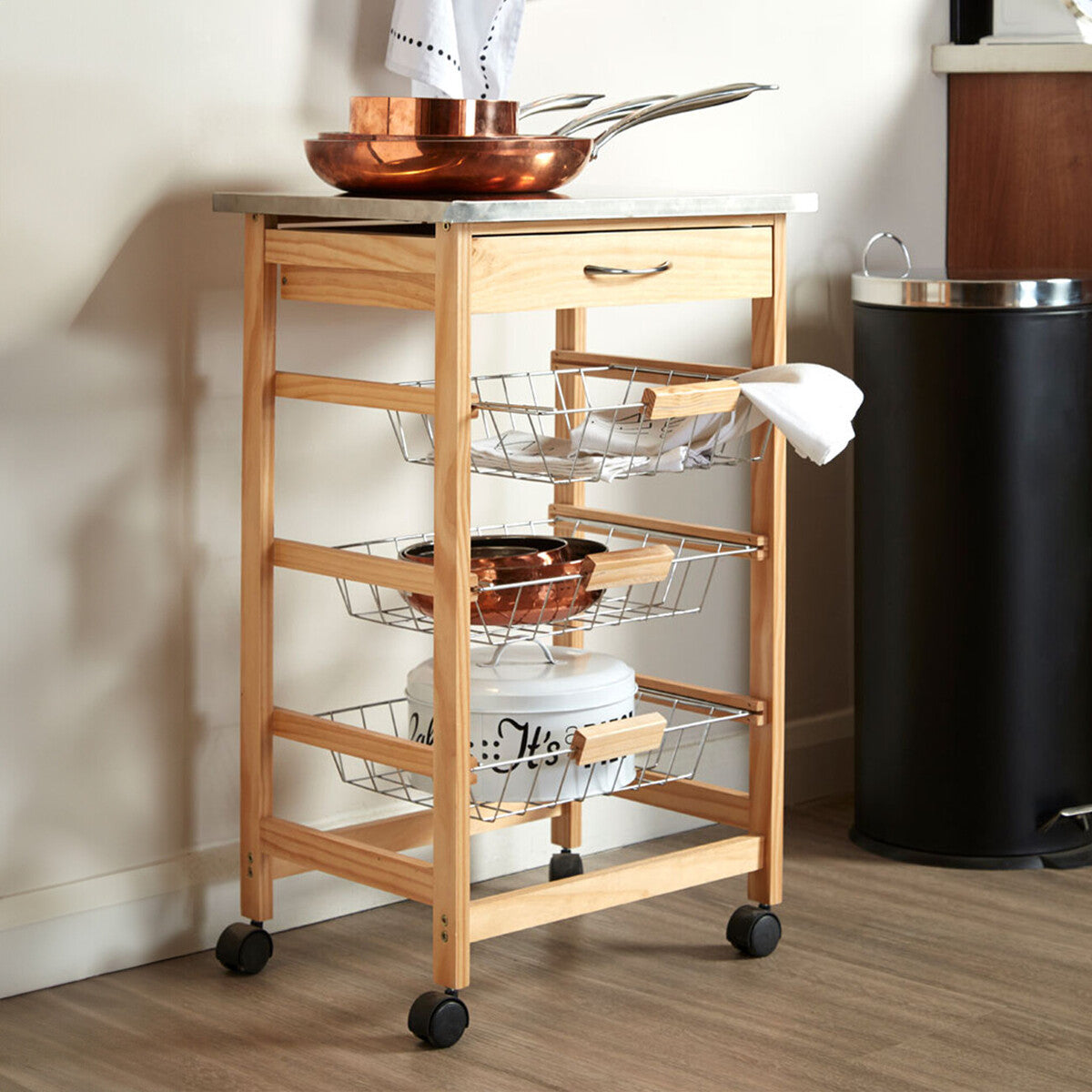 Silver Pinewood Kitchen Trolley with Drawer and Baskets, Harlow Glenn