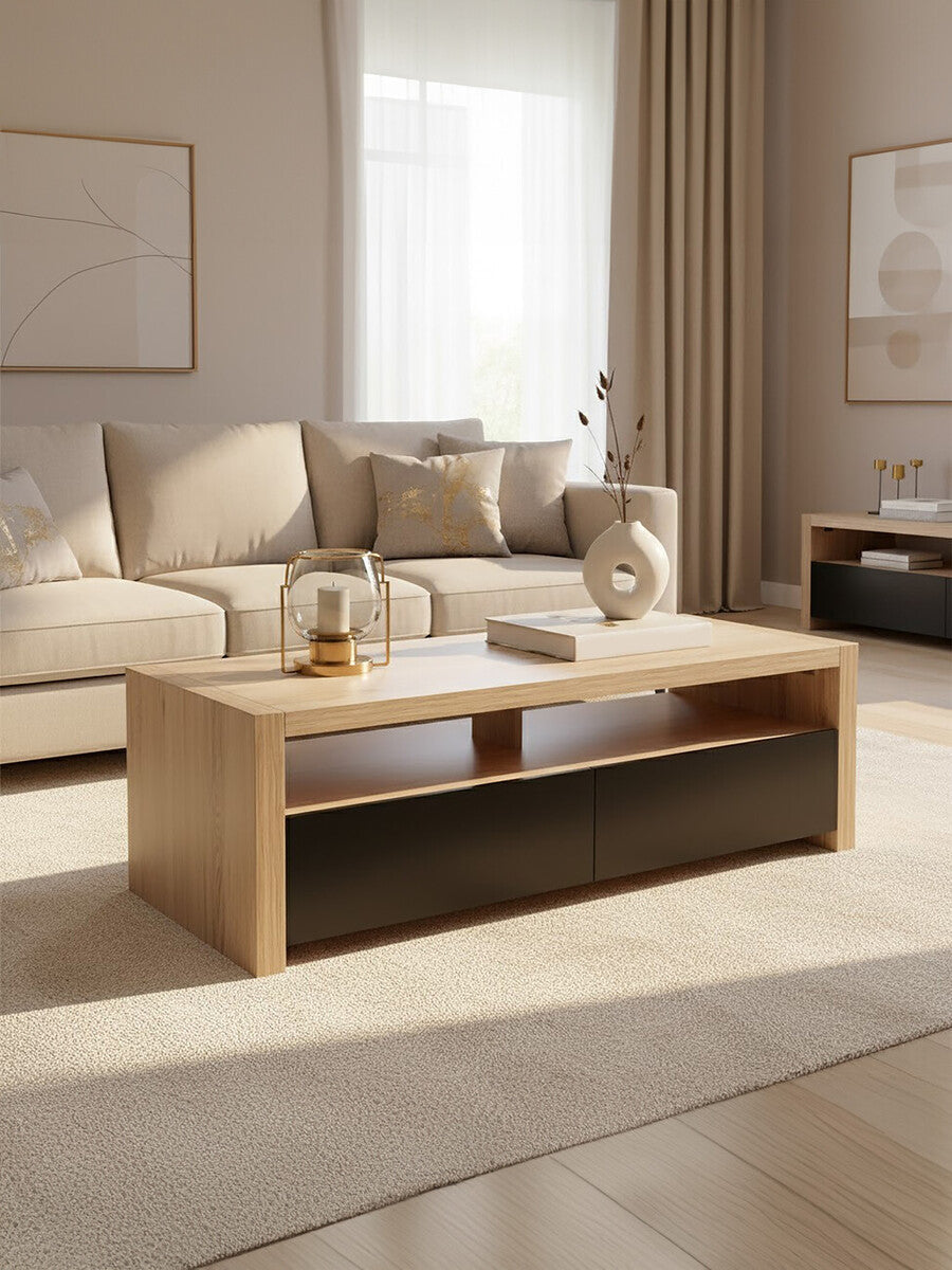 Natural Oak Veneer Coffee Table with 2 Storage Drawers and 1 Shelf, Loki