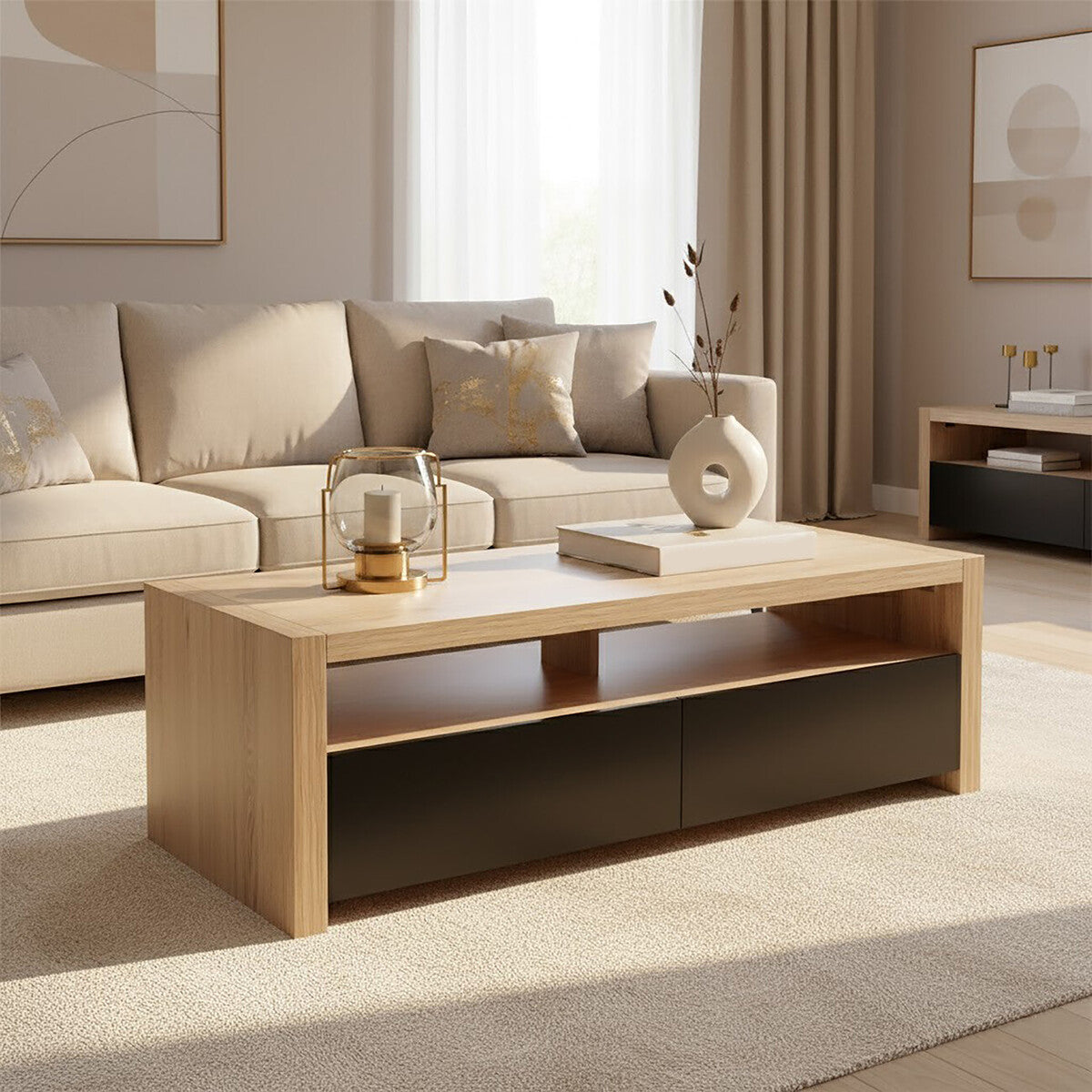 Natural Oak Veneer Coffee Table with 2 Storage Drawers and 1 Shelf, Loki