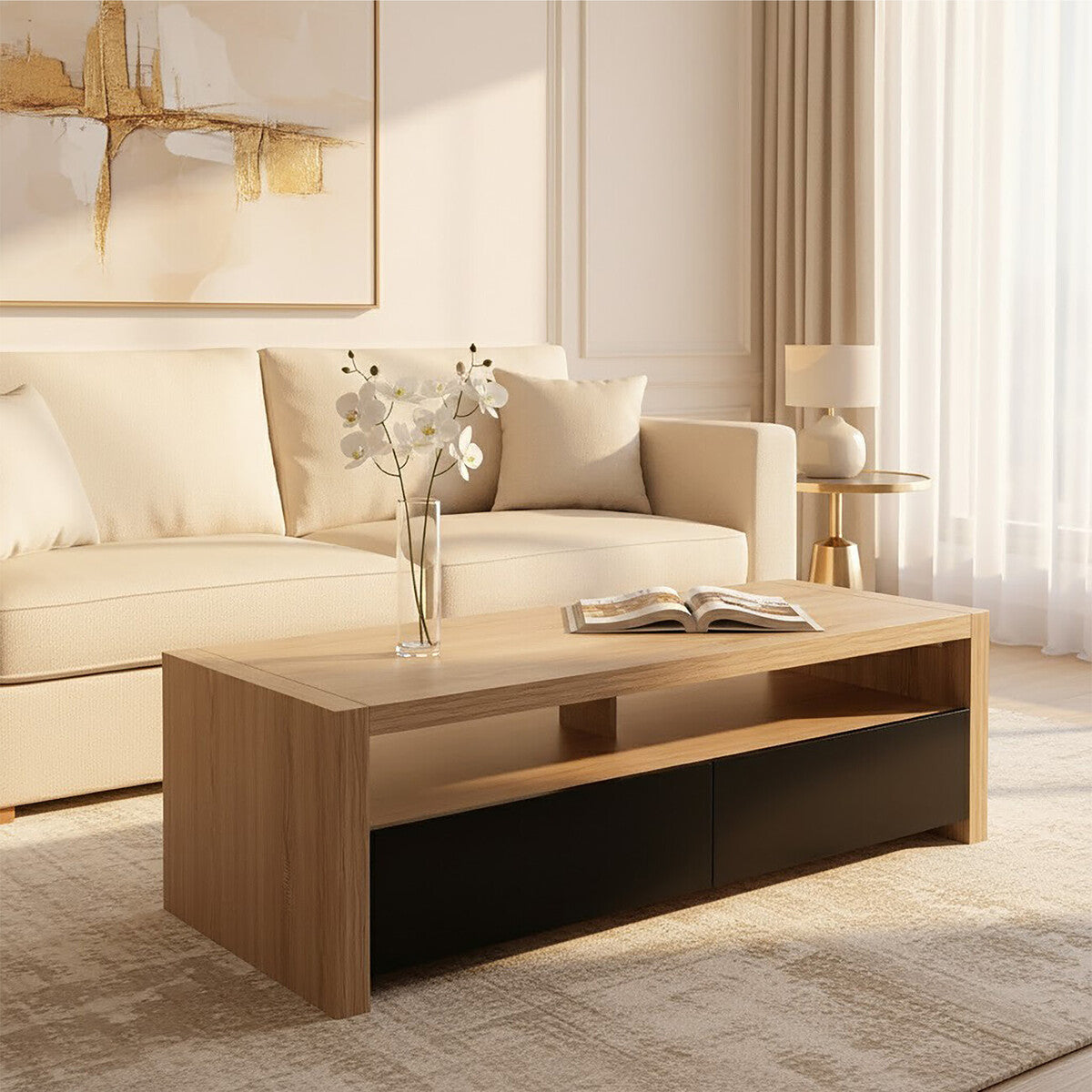 Natural Oak Veneer Coffee Table with 2 Storage Drawers and 1 Shelf, Loki