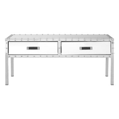 Silver Rectangular Storage Coffee Table in Metal and Glass, Rivet