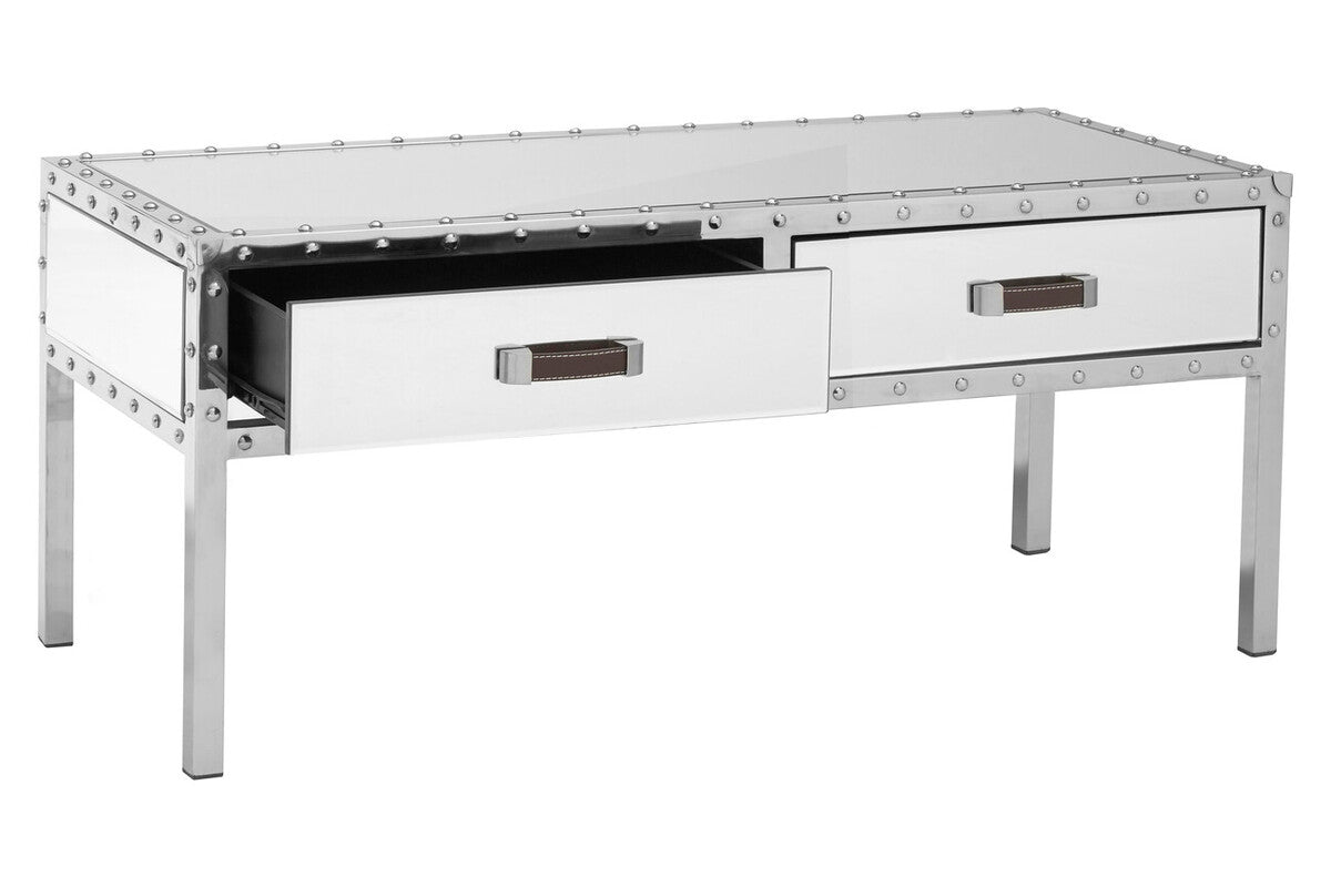 Silver Rectangular Storage Coffee Table in Metal and Glass, Rivet