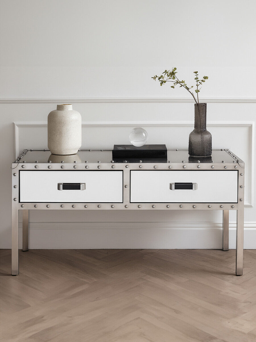 Silver Rectangular Storage Coffee Table in Metal and Glass, Rivet