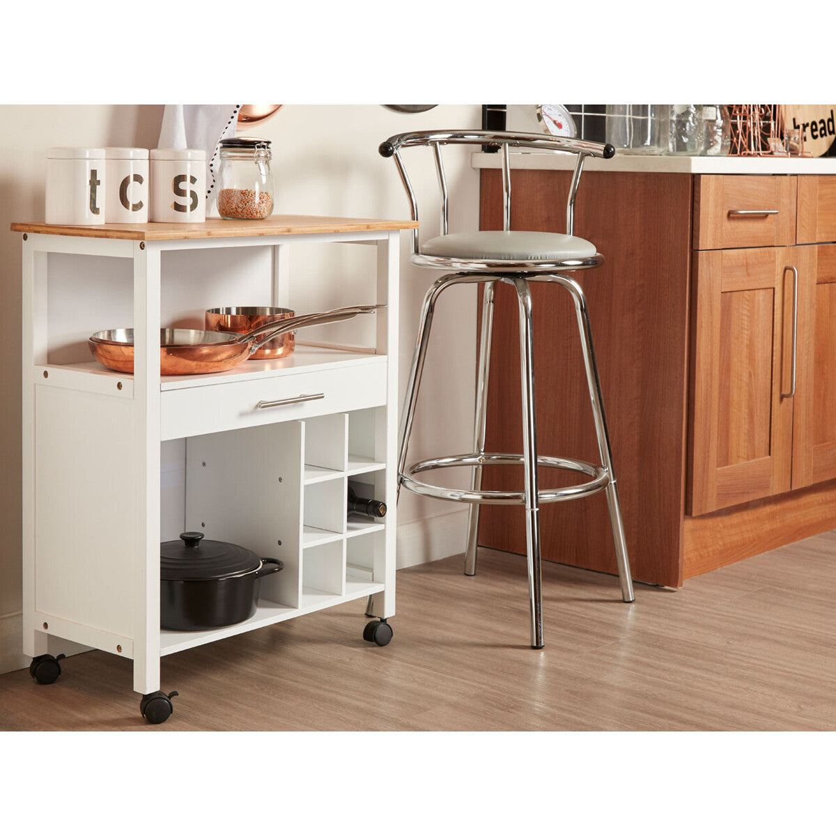 Natural Bamboo Top Kitchen Trolley With Drawer and Shelves, Harlow