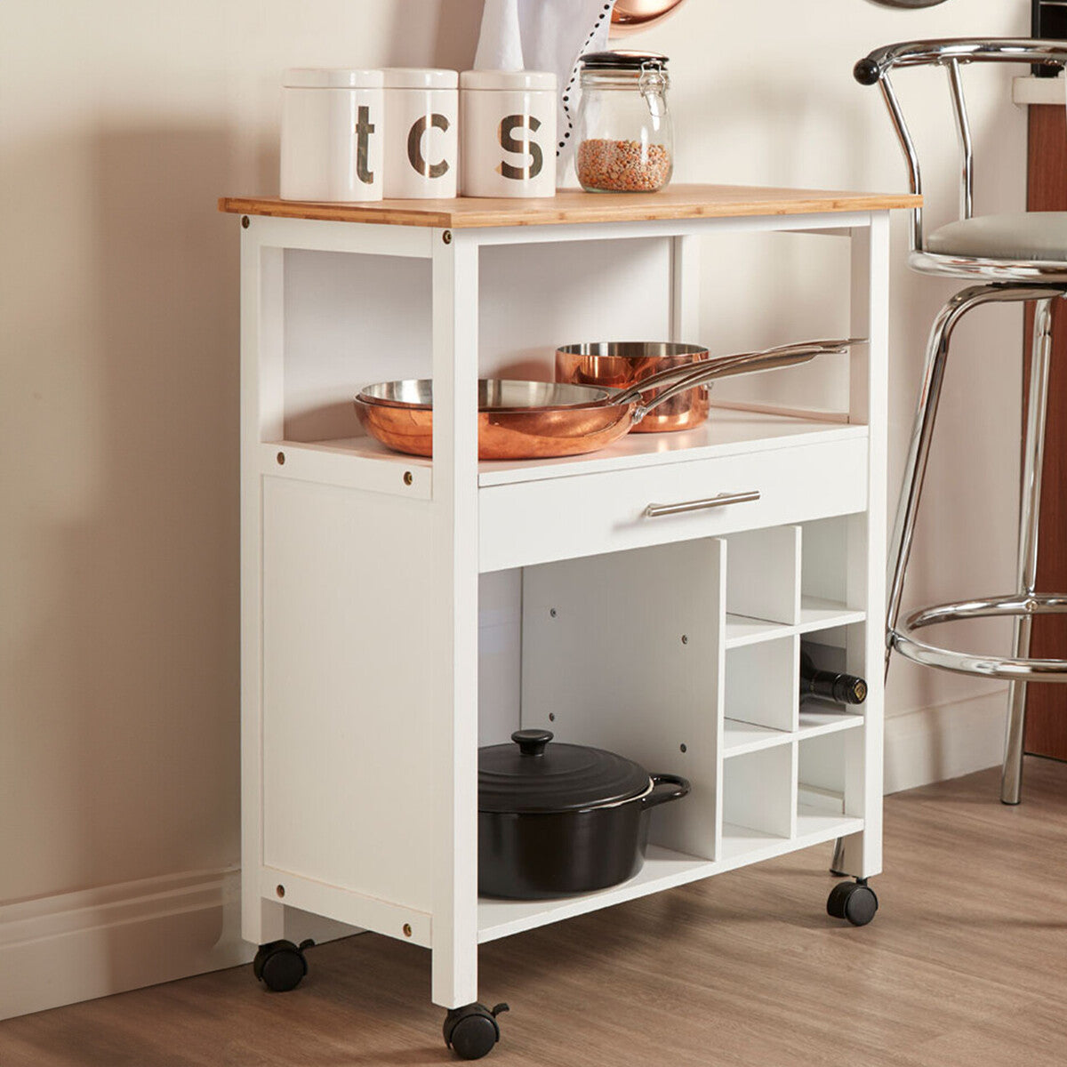 Natural Bamboo Top Kitchen Trolley With Drawer and Shelves, Harlow