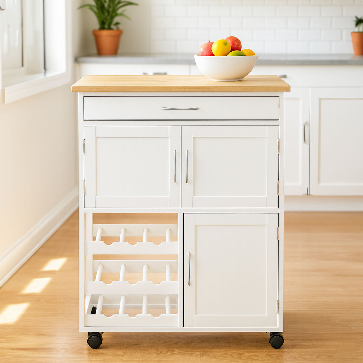 White and Natural Kitchen Trolley with Drawer, Harlow