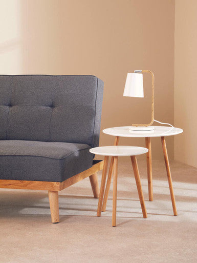 White High Gloss Round Top Nest of 2 Tables with Natural Wood Legs, Nostra