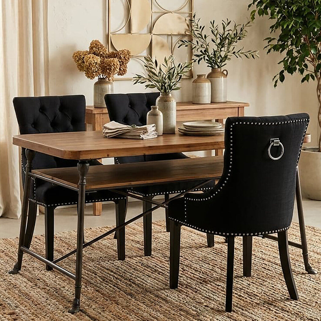 Natural Fir Wood Top Industrial Dining Table with Lower Shelf and Black Metallic Legs, Foundry