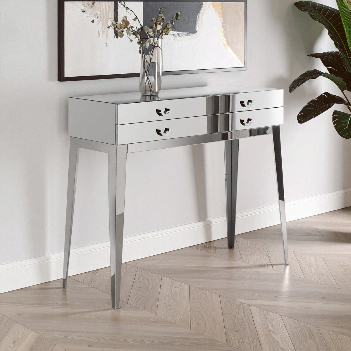 Silver Stainless Steel Console Table with 4 Storage Drawers, Lure