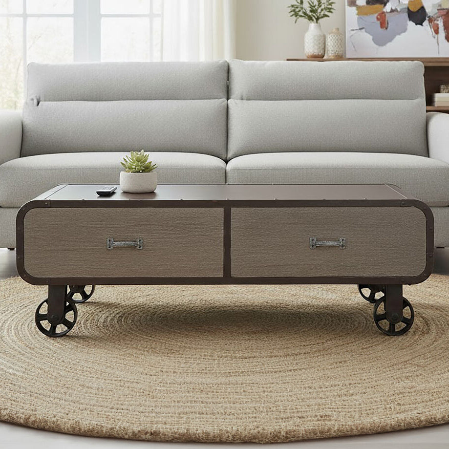 Natural Grain Finish Coffee Table with 2 Storage Drawers and 4 Wheels, Village Loft