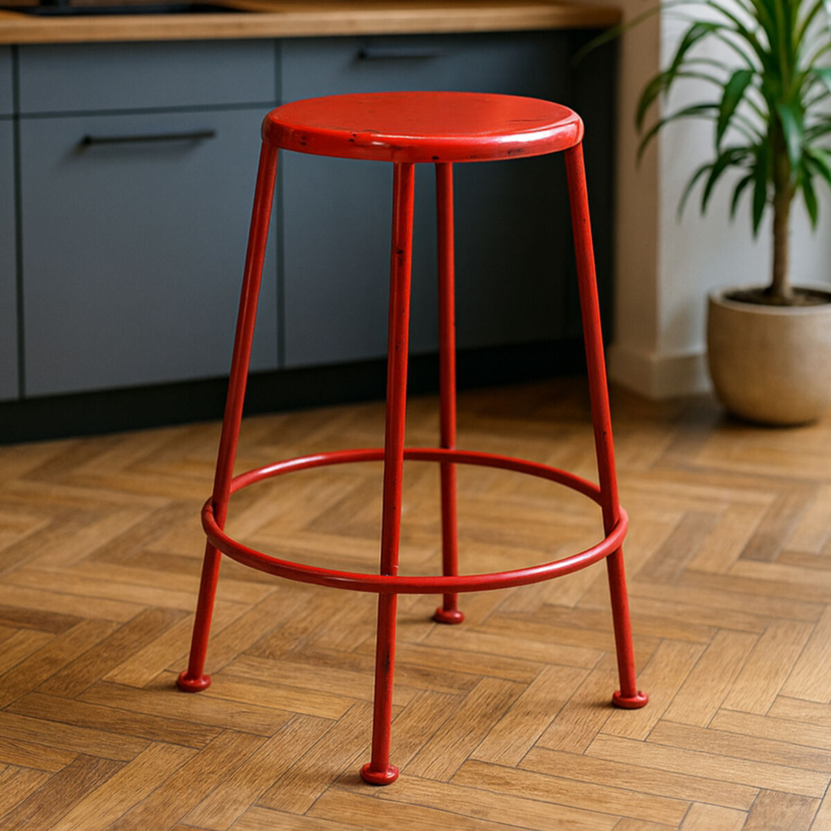 Artisan Red Metal Stool with Footrest