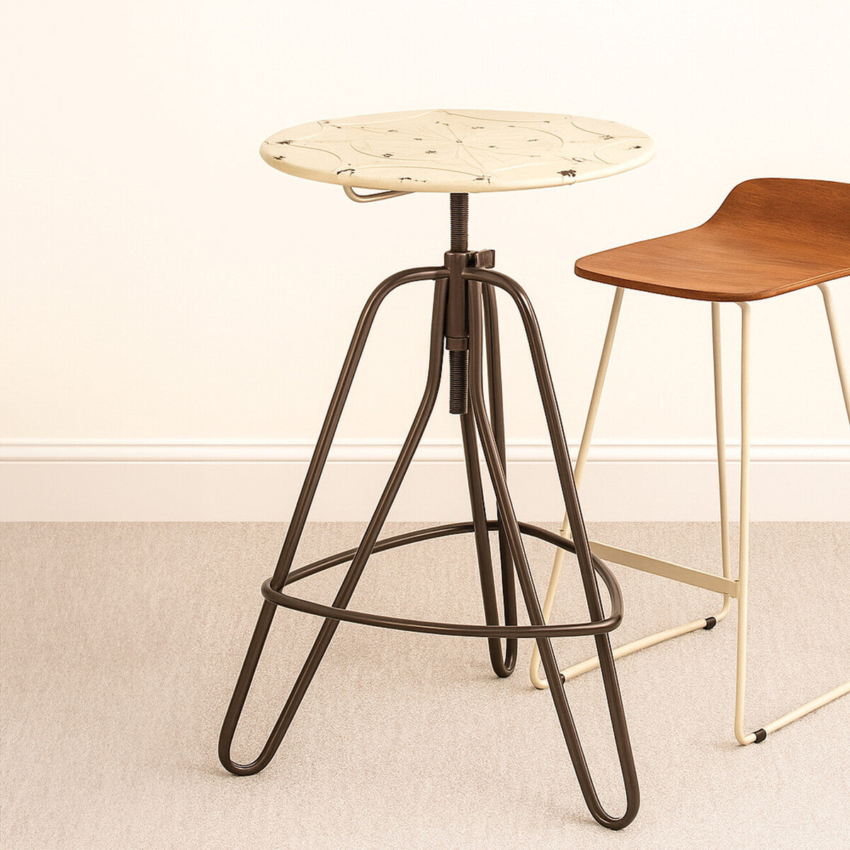 Cream Metal Adjustable Bar Table with Black Distressed Finish Hairpin Legs, Artisan