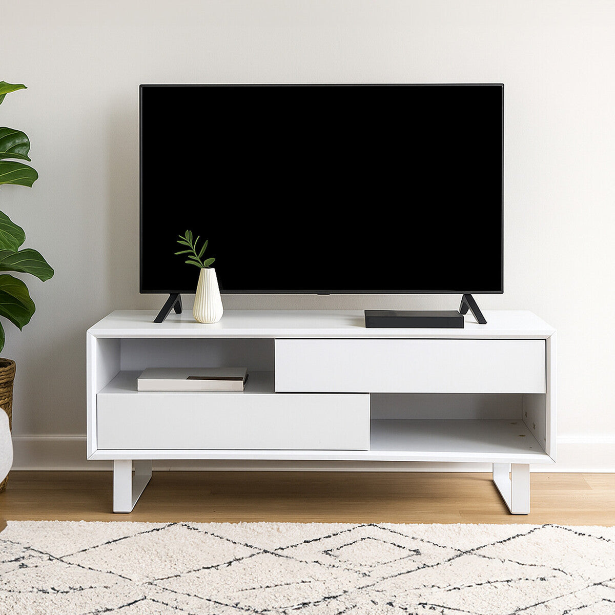 White High Gloss Coffee Table with 2 Drawers and Open Shelves, Moritz