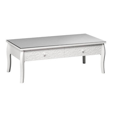 White Glass Top Storage Coffee Table with 2 Drawers, Chamonix