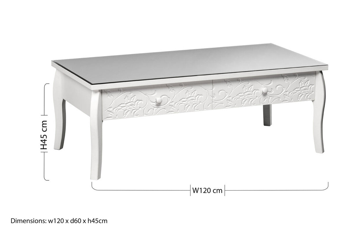 White Glass Top Storage Coffee Table with 2 Drawers, Chamonix