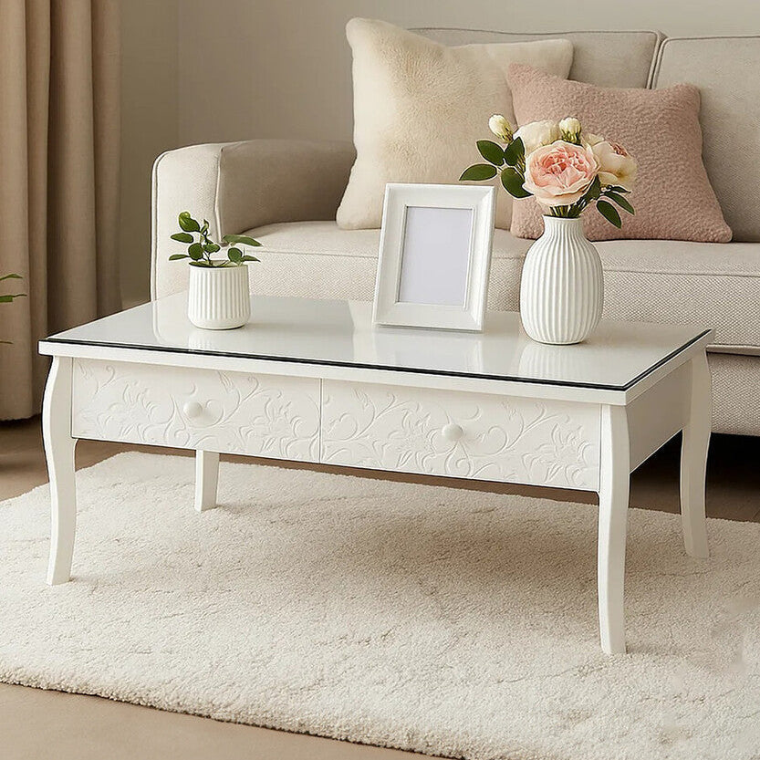 White Glass Top Storage Coffee Table with 2 Drawers, Chamonix