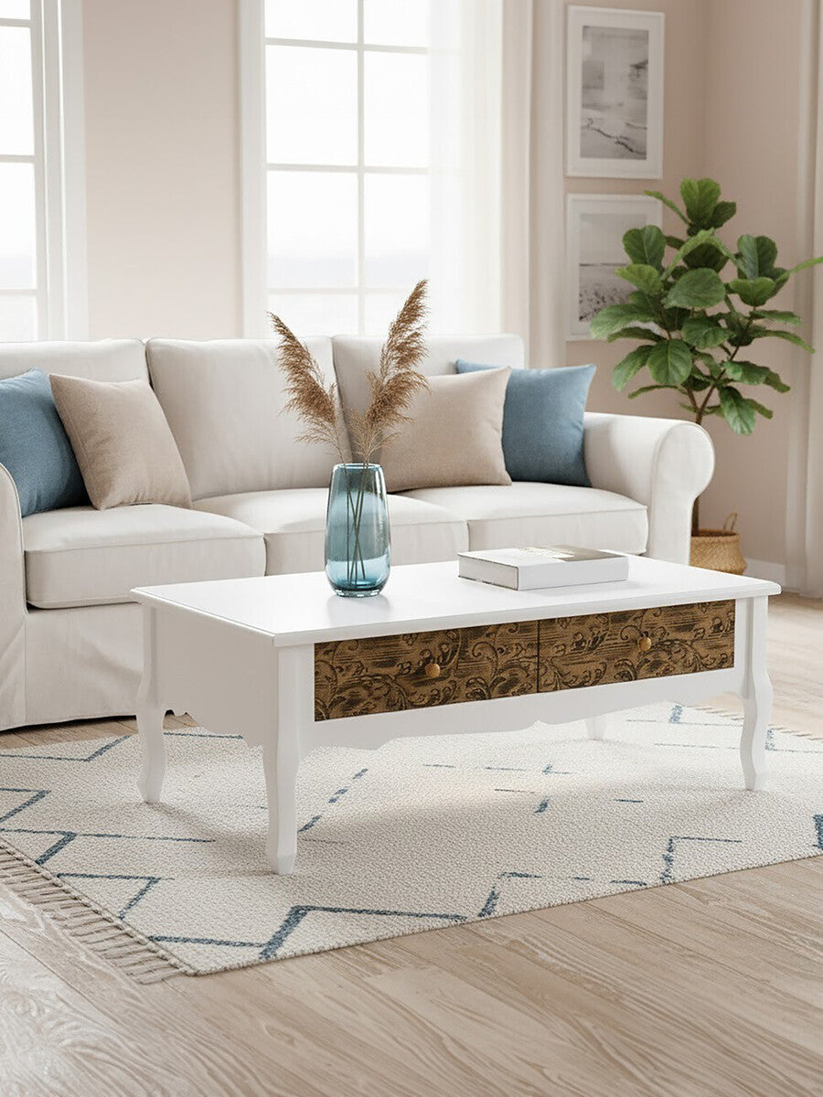 White Rectangular Coffee Table with Two Storage Drawers, Bali