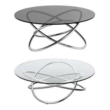 Smoked Grey Tempered Glass Top Round Coffee Table with Sculptural Stainless Steel Intertwined Base, Cassy