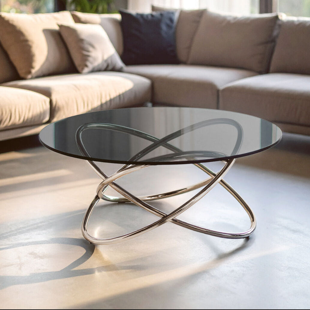 Smoked Grey Tempered Glass Top Round Coffee Table with Sculptural Stainless Steel Intertwined Base, Cassy