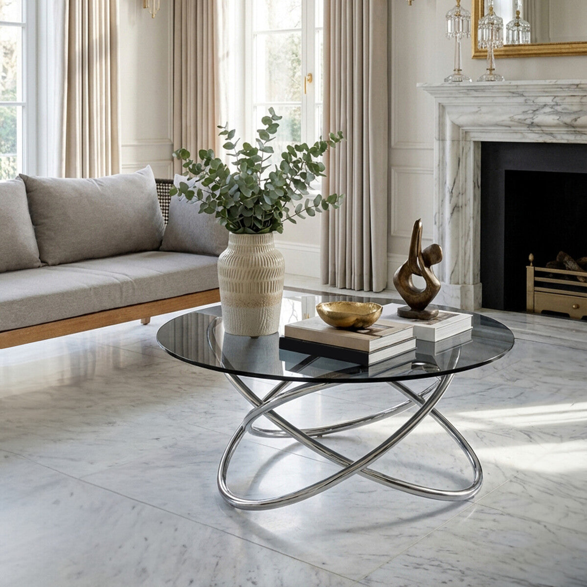 Smoked Grey Tempered Glass Top Round Coffee Table with Sculptural Stainless Steel Intertwined Base, Cassy