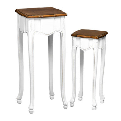 Set of 2 Brown Wood Top Accent Tables with White High Gloss Finish Legs, Serena