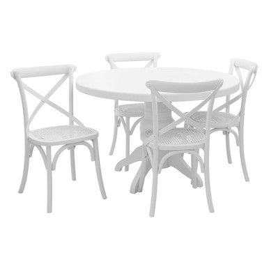 Round Solid Wood Dining Table with 4 Chairs Set in Whitewash Finish, Vermont