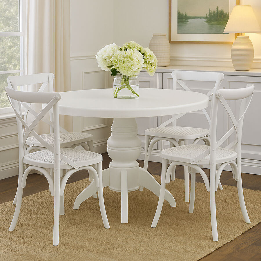 Round Solid Wood Dining Table with 4 Chairs Set in Whitewash Finish, Vermont