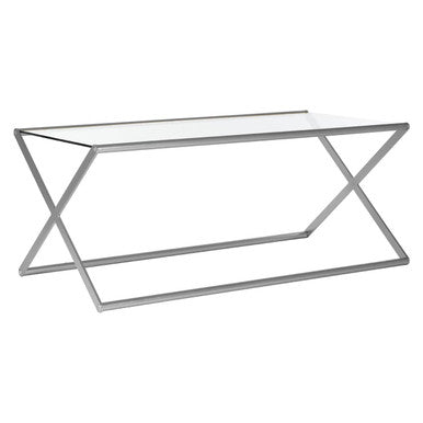Tempered Glass Rectangular Coffee Table with Silver Cross Frame Design, Roma