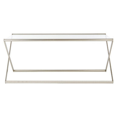Tempered Glass Rectangular Coffee Table with Silver Cross Frame Design, Roma
