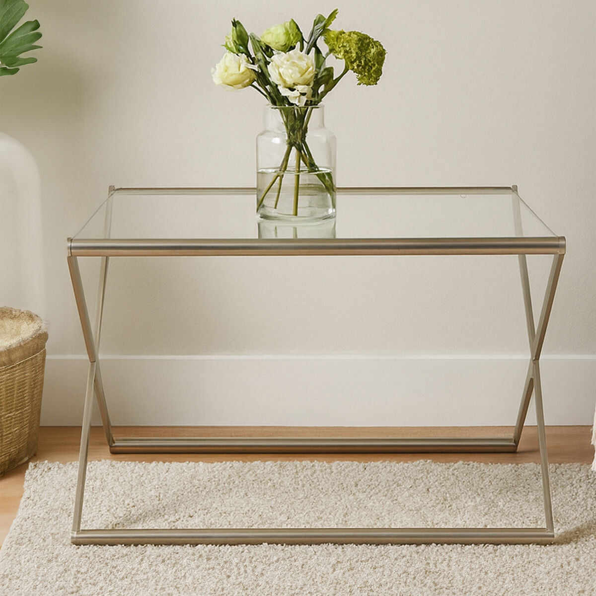 Tempered Glass Square Coffee Table with Criss Cross Satin Nickel Base, Roma