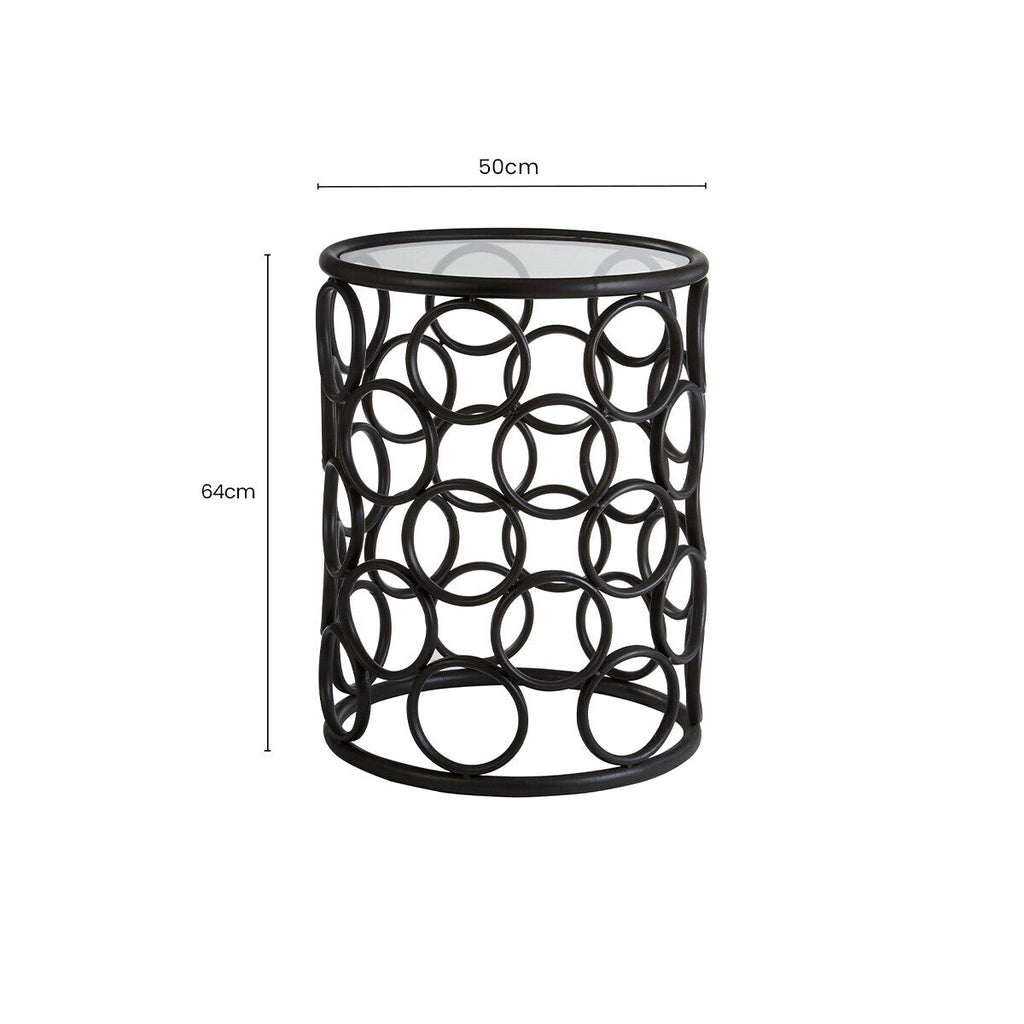 Antalya Black Metal Side Table with Tempered Glass Top