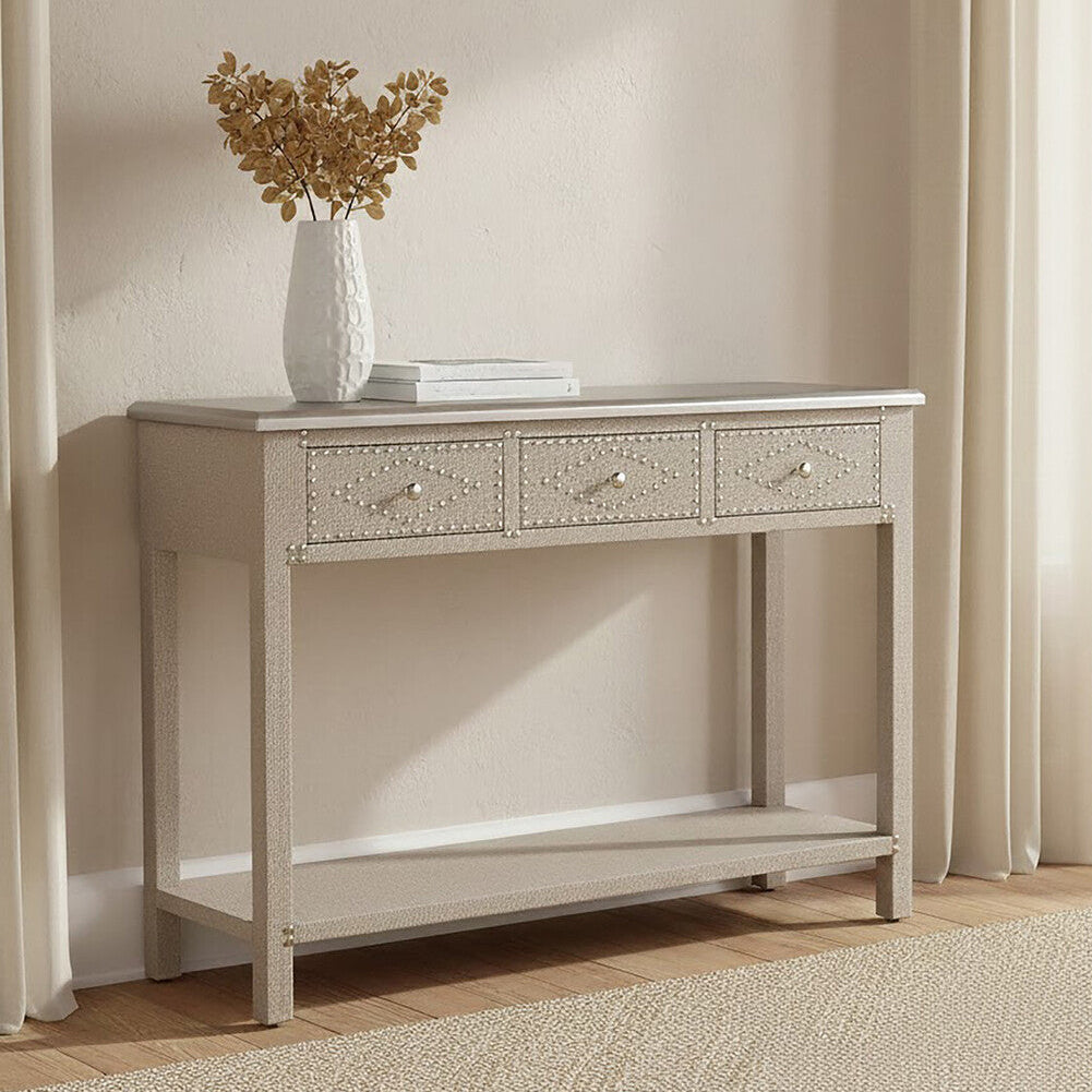 Natural Wooden 3-Drawer Console Table with Silver Top, Manhattan