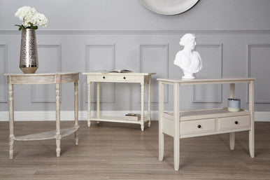 White Wood Ivory Two-Tier Display Top Console Table with 2 Drawers and Carved Legs, Heritage