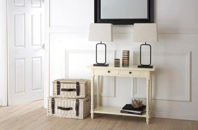 White Wood Ivory Two-Tier Display Top Console Table with 2 Drawers and Carved Legs, Heritage