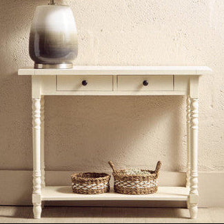 White Wood Ivory Two-Tier Display Top Console Table with 2 Drawers and Carved Legs, Heritage