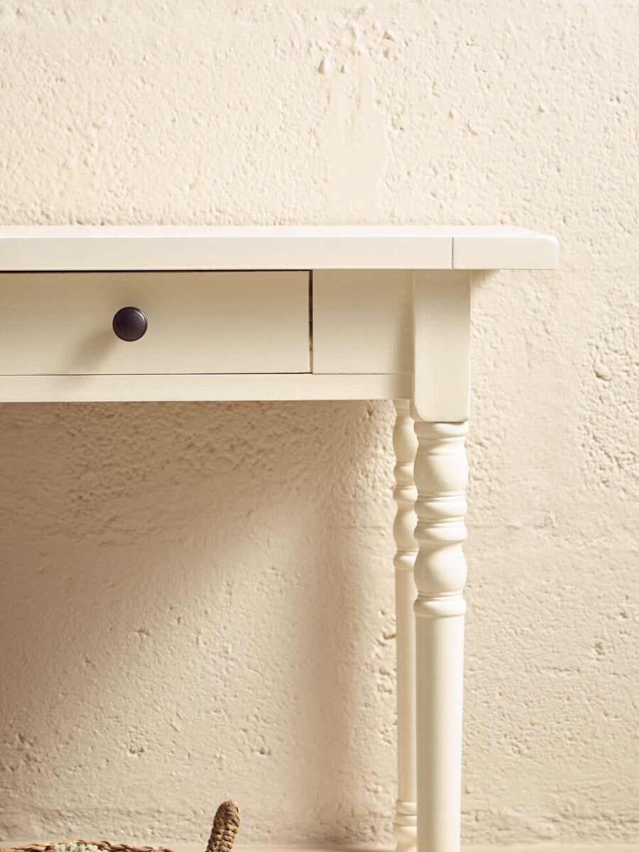 White Wood Ivory Two-Tier Display Top Console Table with 2 Drawers and Carved Legs, Heritage
