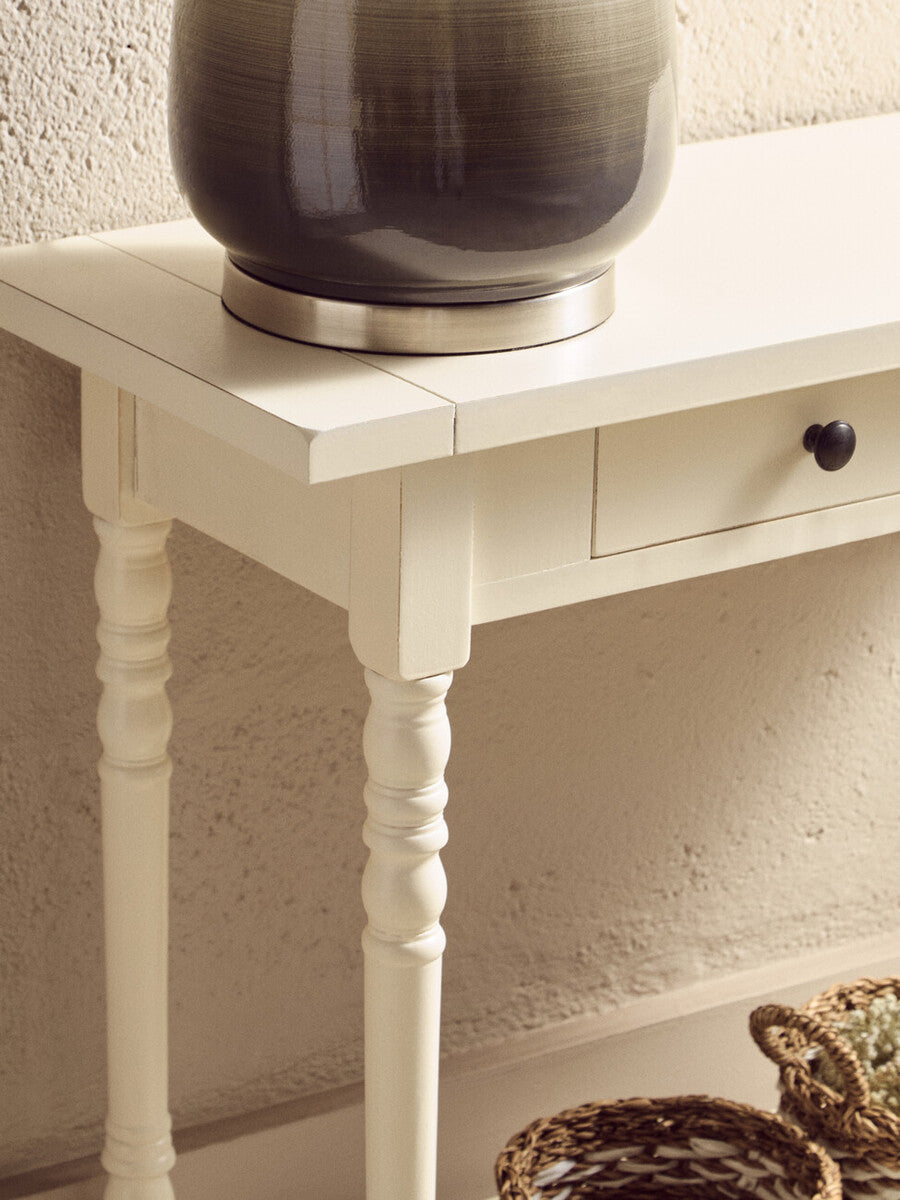 White Wood Ivory Two-Tier Display Top Console Table with 2 Drawers and Carved Legs, Heritage