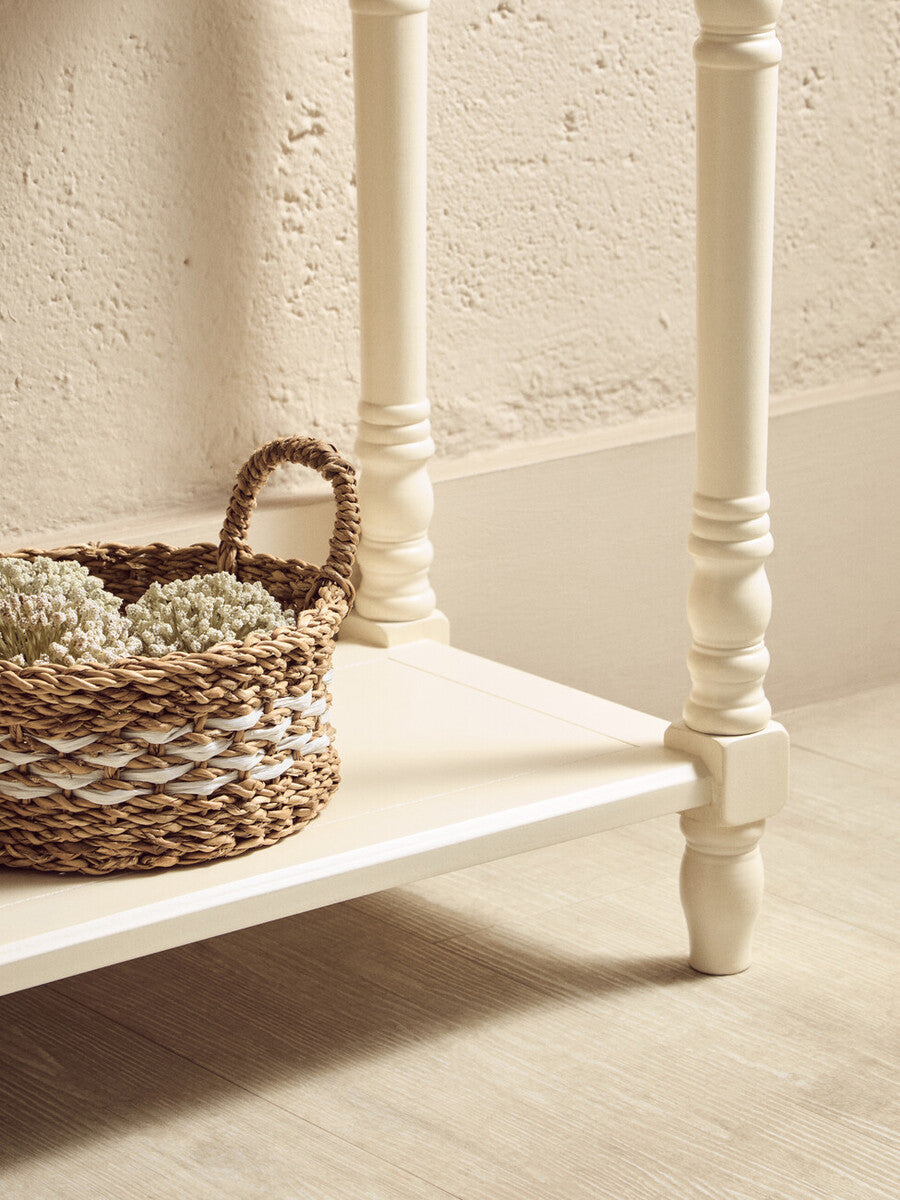 White Wood Ivory Two-Tier Display Top Console Table with 2 Drawers and Carved Legs, Heritage