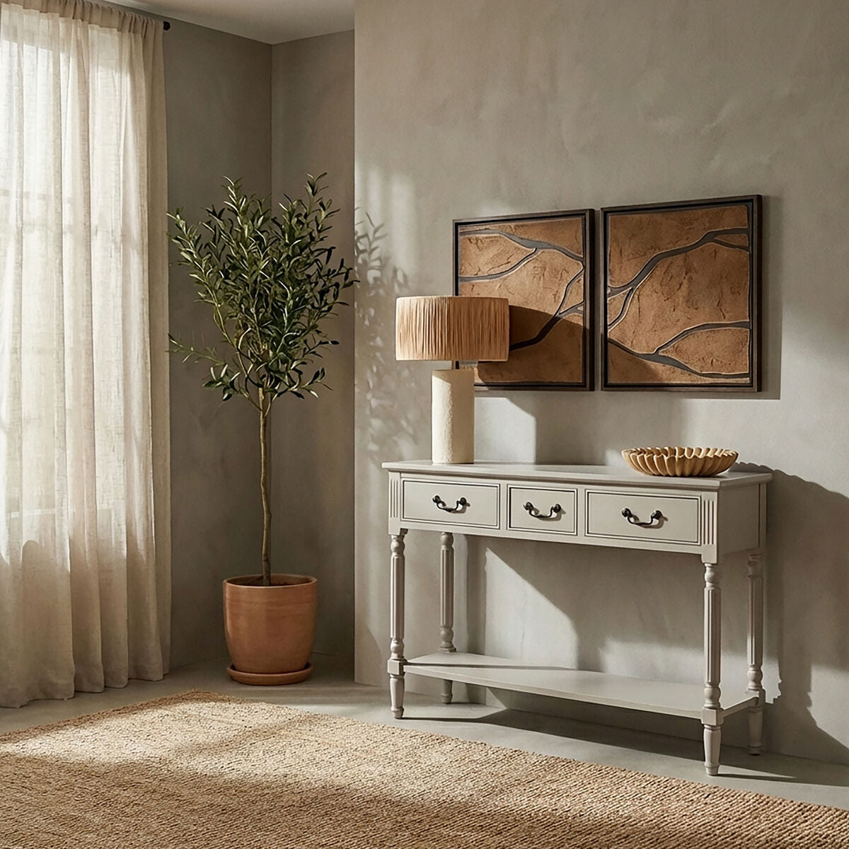 Grey Natural Wood Two-Tier Display Top Console Table with 2 Drawers and Carved Legs, Heritage