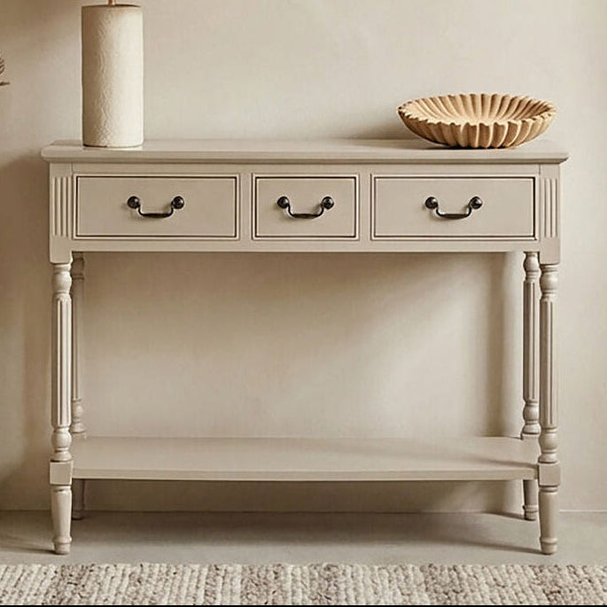 Grey Natural Wood Two-Tier Display Top Console Table with 2 Drawers and Carved Legs, Heritage