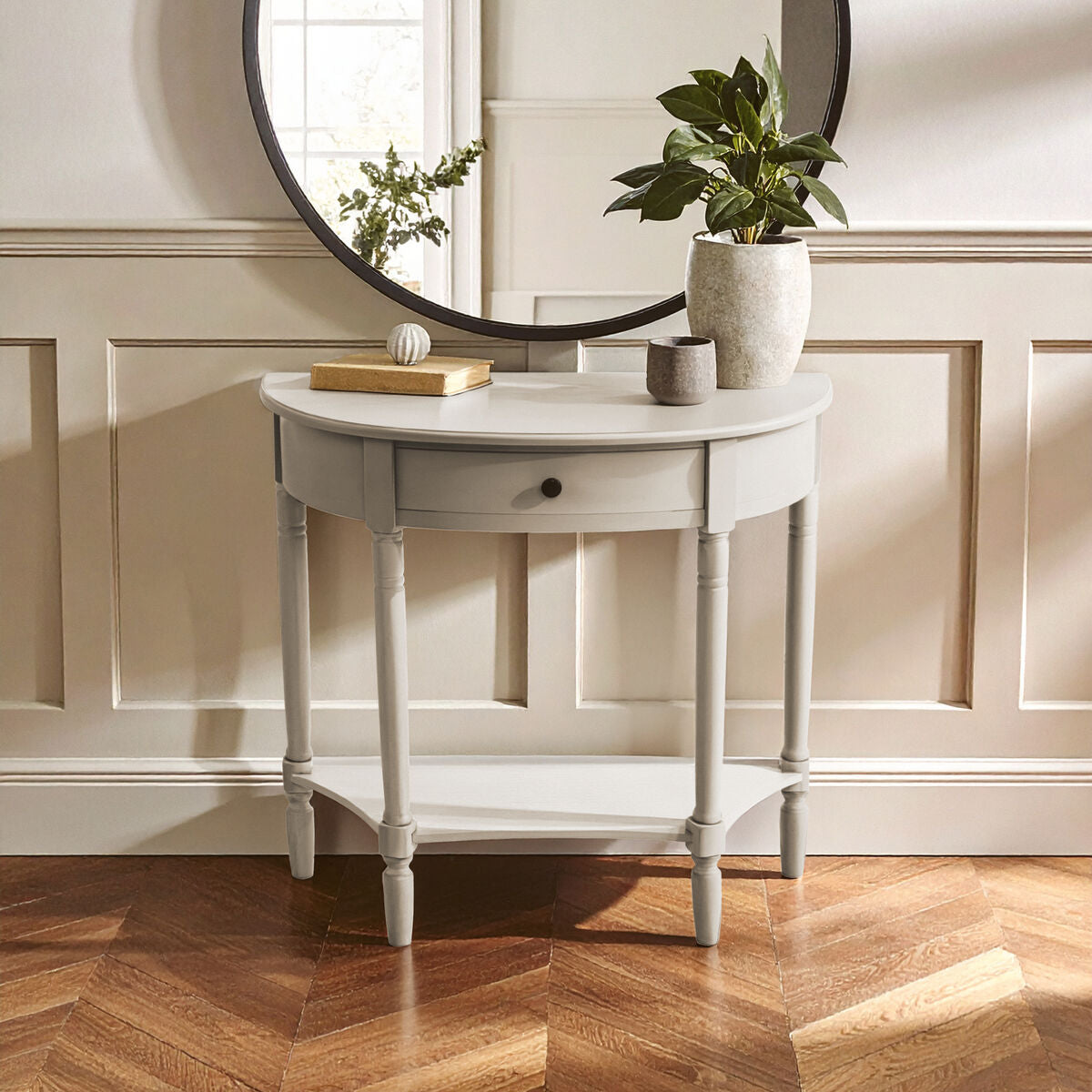 Grey Putty Natural Wooden One-Drawer Console Table with Open Lower Shelf and Carved Spindle Legs | Heritage
