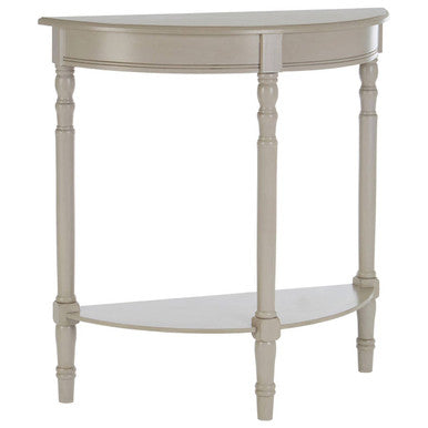 Grey Putty Pine Wood Half Moon Console Table with Open Lower Shelf and Carved Spindle Legs, Heritage
