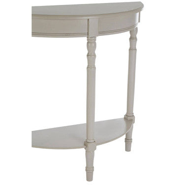 Grey Putty Pine Wood Half Moon Console Table with Open Lower Shelf and Carved Spindle Legs, Heritage